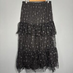 Pink Lilly Women's Large Dark Romantic Floral Whimsy Goth Mesh Tiered Maxi Skirt
